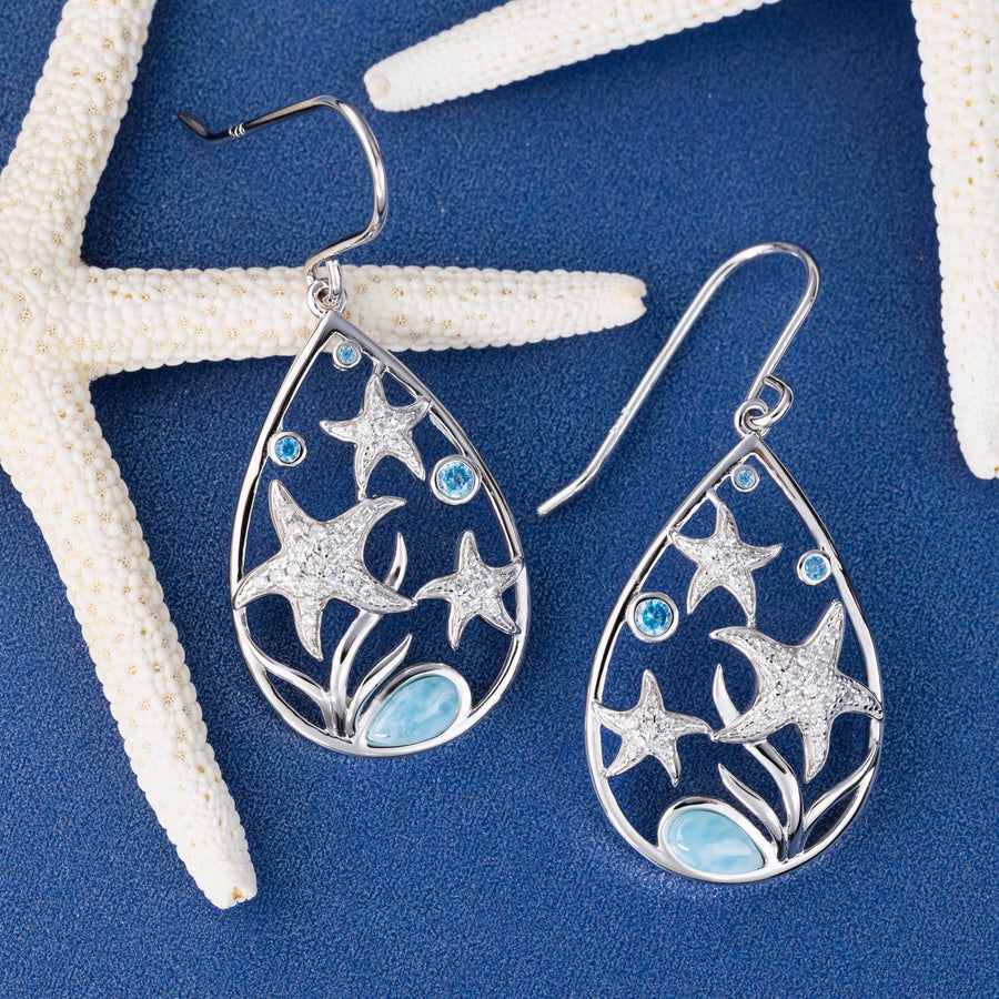 Sterling Silver Natural Larimar "Hawaiian Stars" Starfish Raindrop Topaz Pave Dangle Earrings