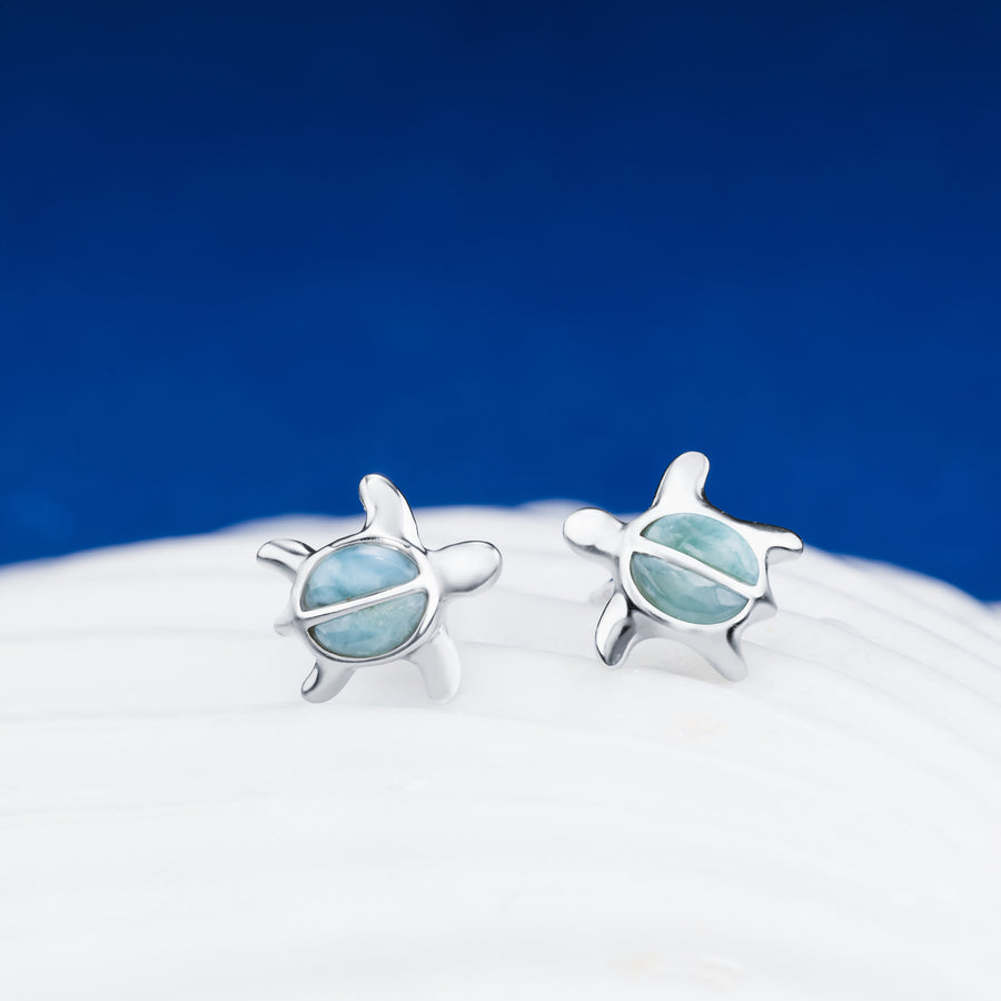 Sterling Silver Larimar Baby Turtle Stud Earrings