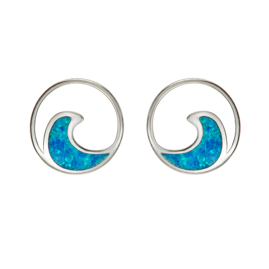 Sterling Silver Opal Circle Ocean Wave Stud Earrings