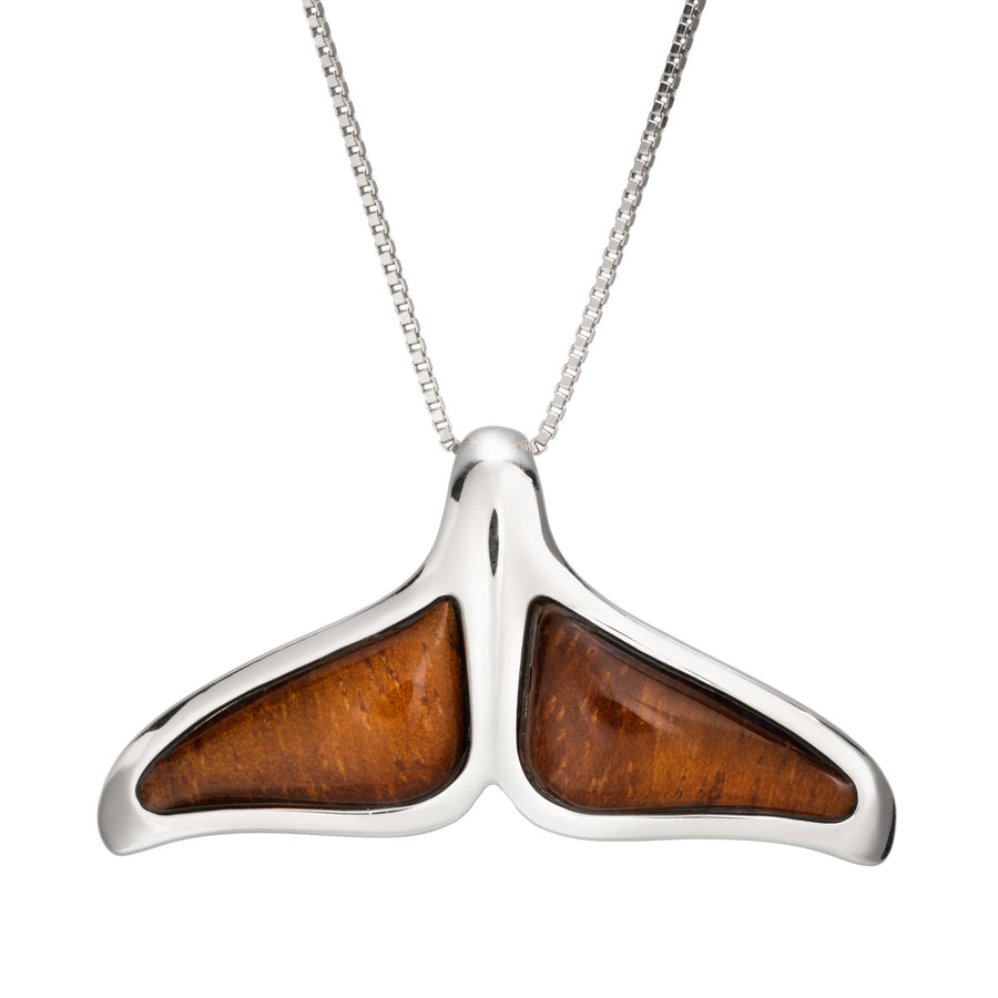 Sterling Silver Koa Wood Whale Tail Flukey Necklace Pendant with 18" Box Chain