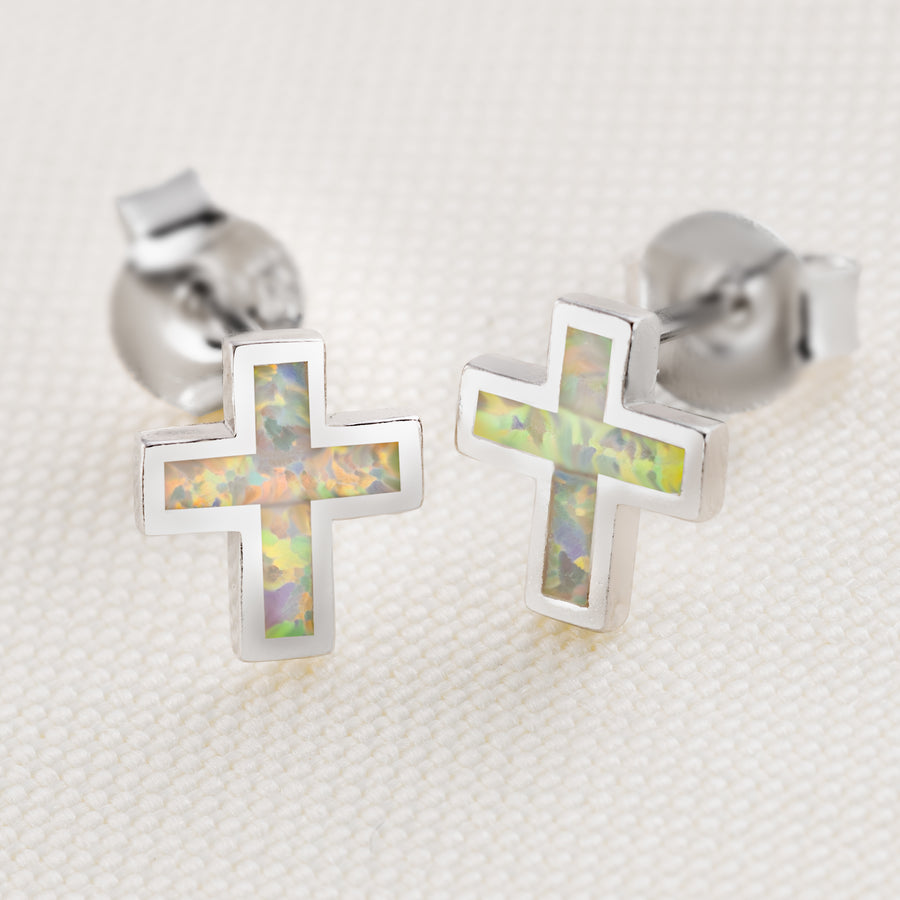 Sterling Silver Opal Cross Studs Earrings