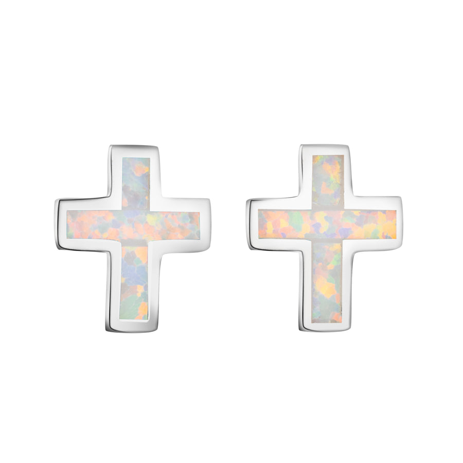 Sterling Silver Opal Cross Studs Earrings