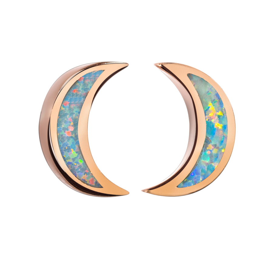 14K Gold Plated Sterling Silver Crescent Moon Stud Earrings (Rose-gold & White Opal)