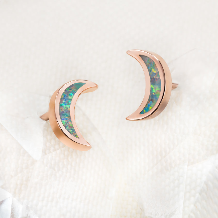 14K Gold Plated Sterling Silver Crescent Moon Stud Earrings (Rose-gold & White Opal)