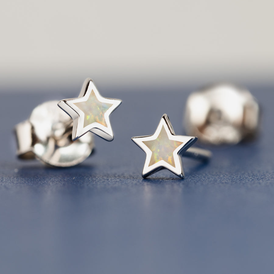 Sterling Silver Opal Star Stud Earrings